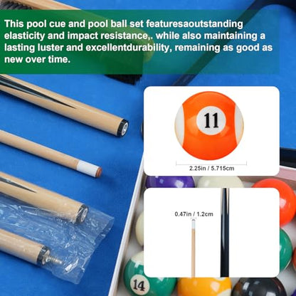 Pool Table Accessories - Pool Balls Billiard Set - Including Billiard Balls, Triangle Rack, Cues, Tips, Stickers, Table Cloth, Brush & Cleaner for Home Family Beginner Practice