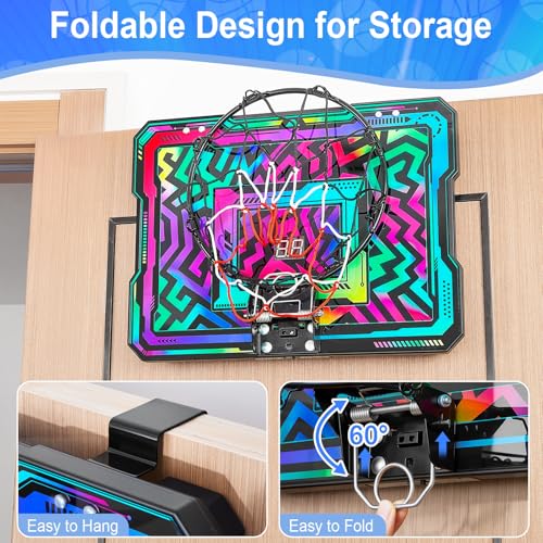 Indoor Mini Basketball Hoop, Over the Door Basketball Hoop with LED Lights/Scoreboard/4 Balls, Upgraded Reinforced Backboard Frame, Basket Ball Toys Gift for Kids Ages 3-5-12+ Boys Girls