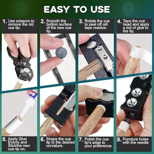 Billiards Pool Cue Tip Shaper, 11-in-1 Pool Stick Tips Replacement Kit, Billiards Accessories Tool, Table Accessories for Repair and Shaping Cue Tips