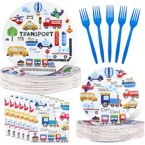 Transportation Party Supplies - Theme Birthday Party Tableware Set with Plates, Napkins, and Forks - style: Transportation