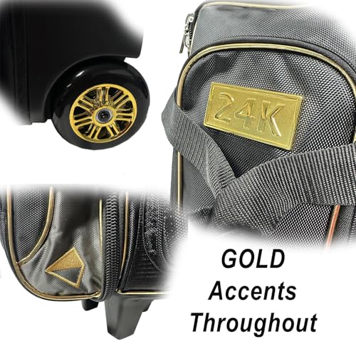 Pyramid Path Premium Deluxe 2 Ball Double Roller Bowling Bag With Large Separate Shoe Compartment (Up To US Mens Size 15) and Oversized Accessory Pocket, Retractable Locking Handle - Extends to 37" - color: Black/Gold/Grey 24K Edition