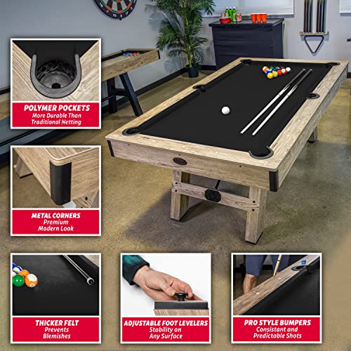 GoSports 7 ft Pool Tables with Wood Finish - Choose Your Style - Modern Billiards Table with 2 Cue Sticks, Balls, Rack, Felt Brush and Chalk - style: Black, Brown Wood Finish