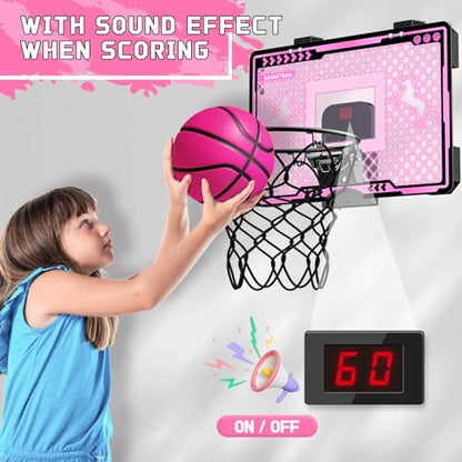 Basketball Hoop Indoor Kids Girls Pink - Mini Over The Door Basketball Hoops with Electronic Scoreboard Toys & 3 Balls, Unicorn Birthday Gifts Age 5 6 7 8 9 10 11 12 Year Old Girls