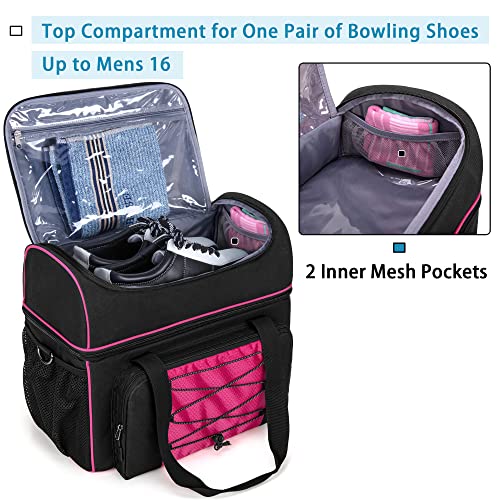 DSLEAF Bowling Bag for 2 Balls, Bowling Tote with Wooden Bowling Cups and Padded Divider for Double Ball and A Pair of Bowling Shoes Up to Mens 16 and Extra Essentials (Patent Design), Bag Only - color: Rose Red