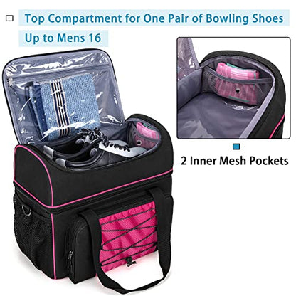 DSLEAF Bowling Bag for 2 Balls, Bowling Tote with Wooden Bowling Cups and Padded Divider for Double Ball and A Pair of Bowling Shoes Up to Mens 16 and Extra Essentials (Patent Design), Bag Only - color: Rose Red