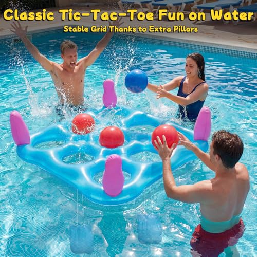 2 in 1 Pool Toys Games Set Inflatable Pool Float with 10 Balls & 8 Rings Tic-Tac-Toe Pool Games, Fun Summer Party Beach Outdoor Yard Game - color: Blue