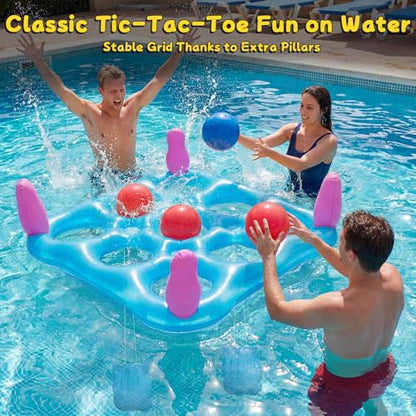2 in 1 Pool Toys Games Set Inflatable Pool Float with 10 Balls & 8 Rings Tic-Tac-Toe Pool Games, Fun Summer Party Beach Outdoor Yard Game - color: Blue