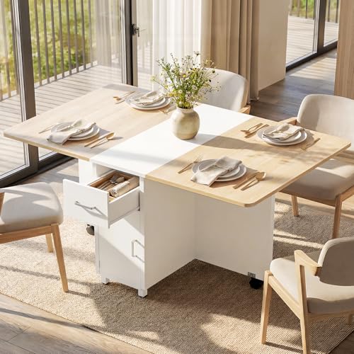 Folding Dining Table with Wheels, Space Saving Drop Leaf Kitchen Table with Storage Cabinet, Expandable Movable Furniture for Small Apartment, Natural - color: Natural