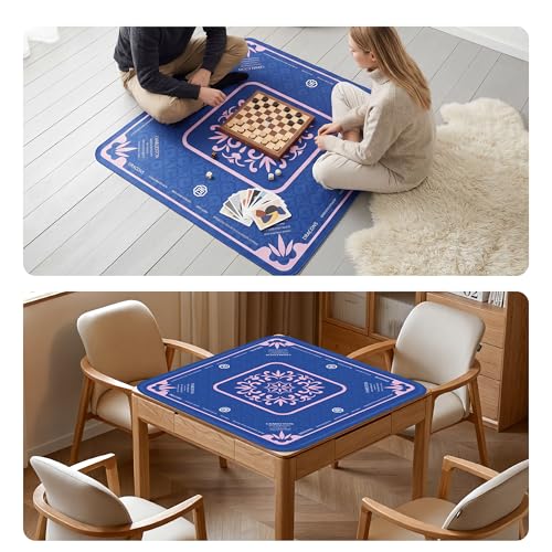 Blue Mahjong Mat for Table, American Mahjong Mat with Rules, 32.4x32.4 in 3MM Non-Slip Noise-Reducing Neoprene Table Cover with Carrying Bag for Mah Jongg, Poker, Card Games - color: Blue With Rules