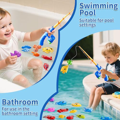 Magnetic Fishing Game Toys for Kids Toddlers 3-5 4-8, Water Table Bathtub Toys with Inflatable Pool Pole Rod Net Floating Fish, Water Bath Pool Outdoor Toys for Boys Girls Age 3 4 5 6 7 8 Year Old - style: 3 rods 3 nets 44 fish