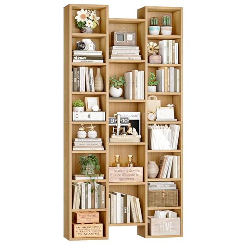 FOTOSOK 71'' Tall Bookshelf with 21 Cubes, 8 Tier Triple Wide Bookshelf with 8 Adjustable Shelves, 35" Wood Bookcase DVD/CD Media Tower Storage, Freestanding Display Shelf Cabinet, Natural - color: Natural