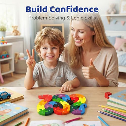 LovesTown Wooden Puzzles for Kids, Double Sided Snake Jigsaw with Alphabet & Numbers, Montessori Educational Toy for Toddlers, Chunky Animal Gift - size: Medium, style: Snake