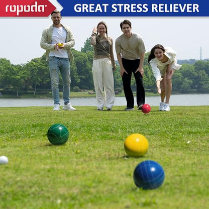 ropoda 107mm Bocce Ball Set Regulation Size and Weight with 8 Resin Bocce Balls, Resin Bocci Balls for Professional Tournament Competition, 60mm Pallino, Nine-Grid Shockproof Carrying Bag(2-8 Players) - size: 107mm