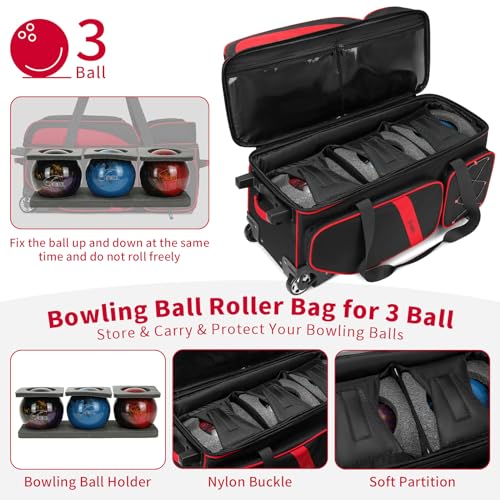 BOSSTIN 3 Ball Bowling Bags with Wheels, Secure Adhesive Fixed Ball Cup & Shoe Compartment, Bowling Ball Bag 3 Ball Roller with Multi-Pockets - color: Red