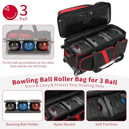 BOSSTIN 3 Ball Bowling Bags with Wheels, Secure Adhesive Fixed Ball Cup & Shoe Compartment, Bowling Ball Bag 3 Ball Roller with Multi-Pockets - color: Red