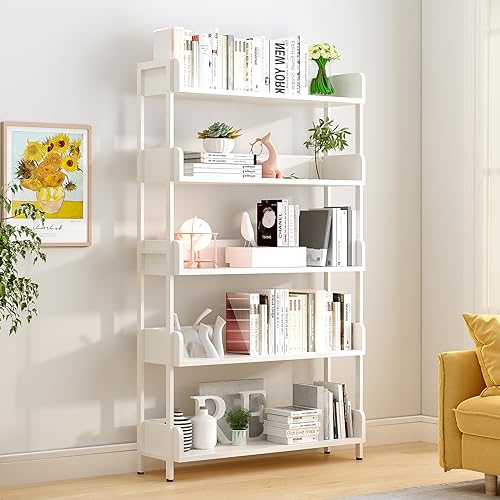 OSCHF Wide Open Shelf Bookcase - Modern 5-Tier Floor Standing Display Bookshelf with Three-Side Baffles and Metal Frame for Home and Office, Storage Shelving, Warm White - color: White, size: 5-Tier