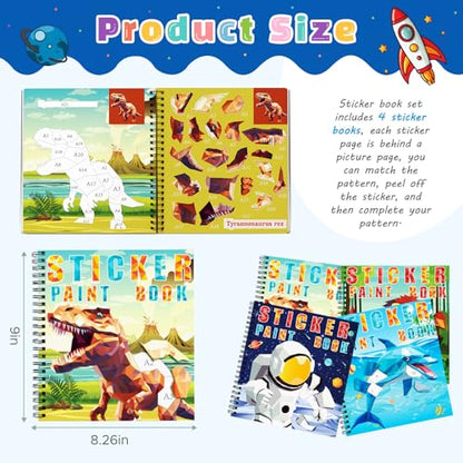 homicozy 4PCS Sticker Paint Books for Kids Ages 4-10,Dinosaur Astronaut Ocean Animals Designs Paint By Stickers,Sticker By Numbers,Party Birthday Gifts for Boys 4-10,Create 40 Pictures At a Time - style: Style2-4PCS