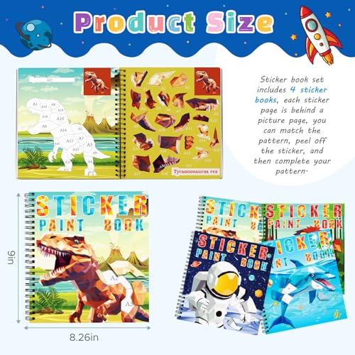 homicozy 4PCS Sticker Paint Books for Kids Ages 4-10,Dinosaur Astronaut Ocean Animals Designs Paint By Stickers,Sticker By Numbers,Party Birthday Gifts for Boys 4-10,Create 40 Pictures At a Time - style: Style2-4PCS