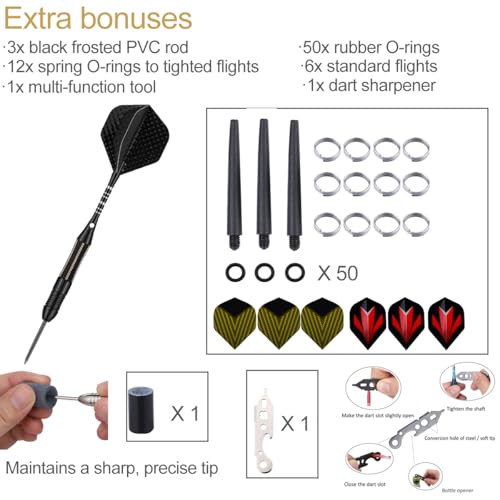 Steel Tip Darts Set for Dartboard, Professional Brass Darts Metal Tip Black Purple Aluminium Nylon Shafts 9 Flights 50 Rubber O-Rings 12 Spring Rings 1 Dart Sharpener Tool 24/27 Grams - color: 26 grams---Black