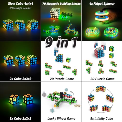 TOSY Magnet Cube 4x4 - 560 Magnets, 70 Blocks, 8 in 1 Toy: Puzzle Cube Game, Creative Building Blocks, Transformable Fidget Spinner, Infinity Cube, Magnet Tiles, UV Flashlight, Glowing STEM/STEAM Toy - color: Cube 4x4x4