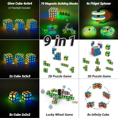 TOSY Magnet Cube 4x4 - 560 Magnets, 70 Blocks, 8 in 1 Toy: Puzzle Cube Game, Creative Building Blocks, Transformable Fidget Spinner, Infinity Cube, Magnet Tiles, UV Flashlight, Glowing STEM/STEAM Toy - color: Cube 4x4x4