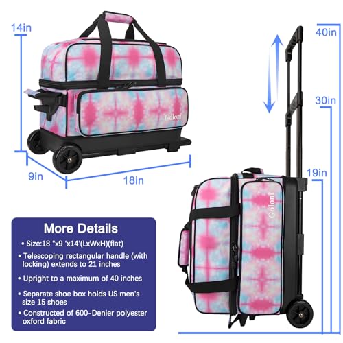 Goloni Double Roller 2 Ball Bowling Bag with Separate Shoe Compartment,2 Ball Bowling Bag with Wheels,Retractable Handle Extends to 40" - color: Dyeing