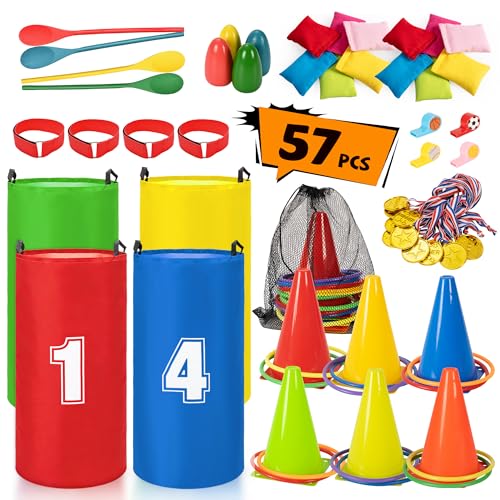 ropoda Field Day Games, Outdoor Carnival Games Potato Sack Race Bags for Adults and Kids, Bean Bags, Soft Plastic Cones,Ring Toss Set,Egg and Spoon Race, Outdoor Games Easter - color: 57PCS