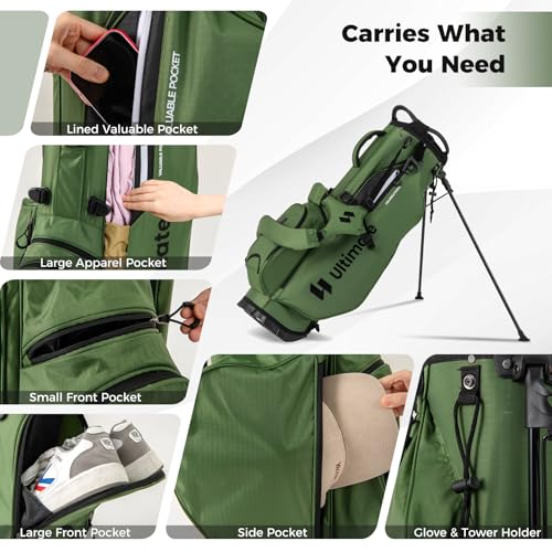 ULTIMATE Golf Stand Bag, 8-Way Golf Bag with 5 Pockets, Rain Hood, Detachable Dual Shoulder Strap, Lumbar Pad, Handles, Portable Golf Club Bag for Men & Women - color: Green