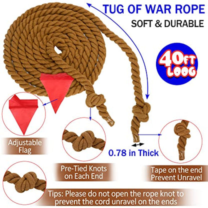 Outdoor Games 40FT Tug of War Rope Brown & Potato Sack Race Bags Kit for Kids and Adults, Field Day Family Reunion Outside Yard Summer Backyard Lawn Picnic Carnival Fun Easter Games