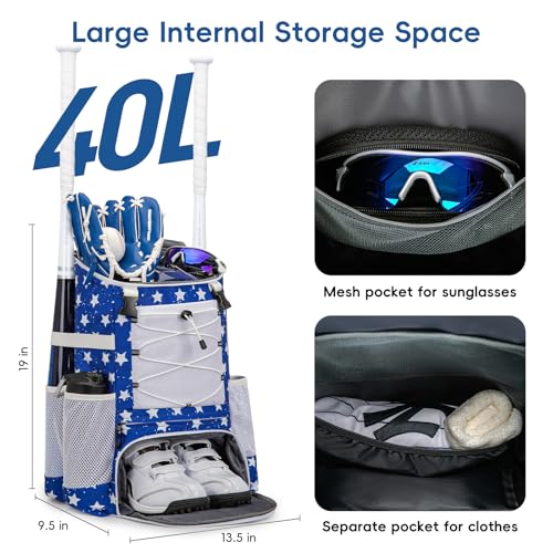 KAVIGOR Baseball Bag for Youth and Adult, Softball Backpack 40L Large Capacity, Bat Backpack with Shoes Compartment and Hidden Helmet Holder - color: White & Blue