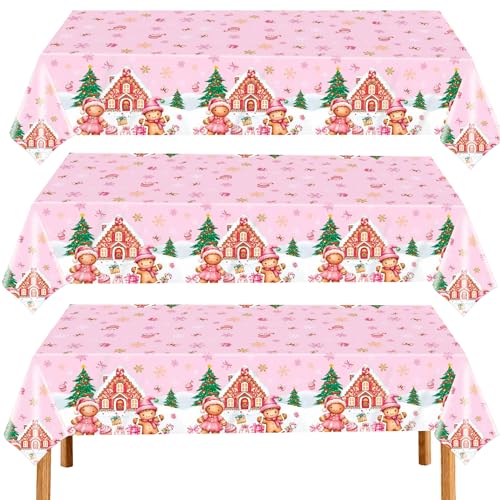 Gingerbread Christmas Tablecloths 3 Pack,Pink Disposable Plastic Christmas Table Covers 54 x 108 Inch with Gingerbread Man,House,Candy Snowflake Holiday Party Decorations - color: Christmas Pink Gingerbread