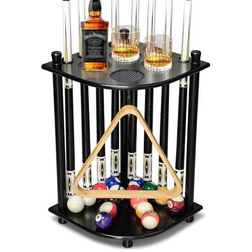 Pool Stick Holder Floor Stand, Pool Cue Rack Holder up to 8 Cues Sticks, Solid Wood Billiards Stick Holder Pool Stick Stand Corner for Game Room, Club,Pool Table Accessories (Black) - style: Black