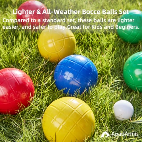 ApudArmis 100mm Bocce Balls Set, Lighter Outdoor Bocce Game for Backyard/Lawn/Beach - Set of 8 Soft PE Balls & 1 Pallino & Nylon Carrying Case & Measuring Tape for Teens Beginners - size: 100mm Regulation Size