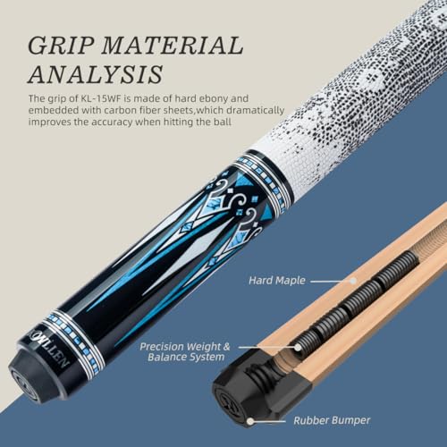 KONLLEN Carbon Fiber Pool Cue Stick 58-inch Professional Pool Sticks for Adults Full Carbon Technology Low Deflection Pool Cue Billiard Cues with 12.5mm Tip (Easy to Control, Pro Taper, Ultra-Smooth) - color: 002 white blue