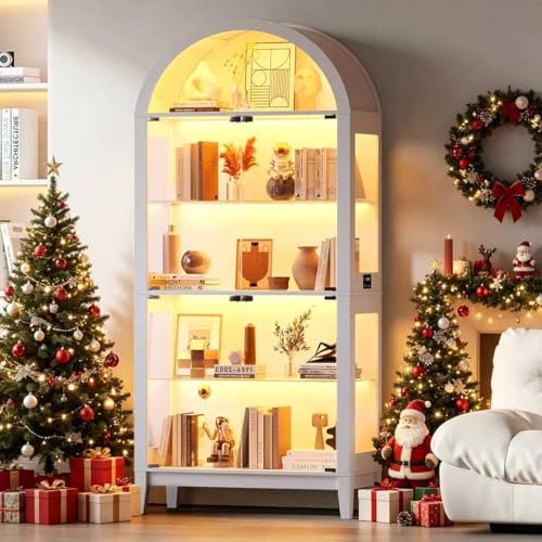 Lvifur Display Cabinet with -Glass Door, 5-Tier 68.9" Arched Curio Cabinet with RHB Lights for Collectibles,LED Display Case with Glass Shelves, Motion Sensor, Storage Cabinets,Bookcase,White - color: White-archedb