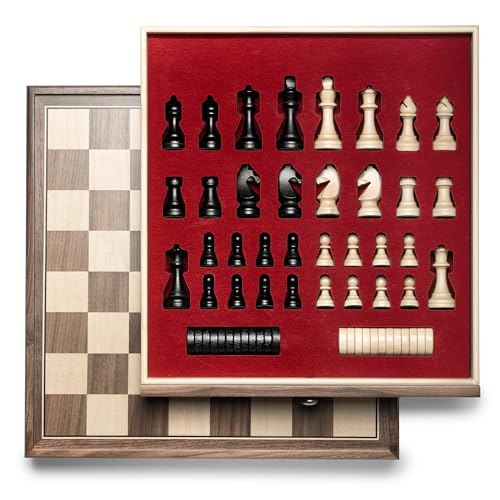 A&A 15 inch Walnut Wooden Chess Set with Storage Drawer, Triple Weighted Pieces, 3.0 inch King Height, Walnut & Maple Inlay, 2 Extra Queen, Classic 2 in 1 Chess and Checkers Board Game