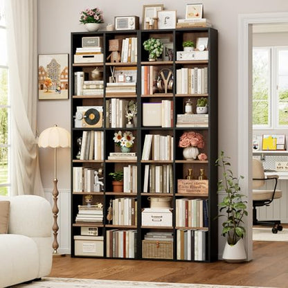 FOTOSOK 71'' Tall Bookshelf with 14 Cubes, 7 Tier Double Wide Wood Bookshelf with 6 Adjustable Shelves, 19.6" Narrow Bookcase DVD/CD Media Storage, Space Saving Display Shelf Cabinet, Black/Brown - color: Black/Brown