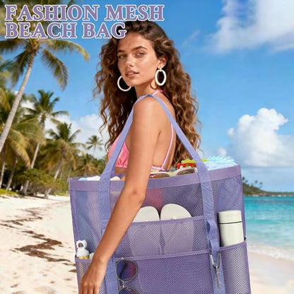 GYEUKHAM Mesh Beach Bag for Women, Sand-Resistant Pool Tote, 9 Pockets (1 Inner Zip), Foldable Family Travel Essentials - color: L-purple