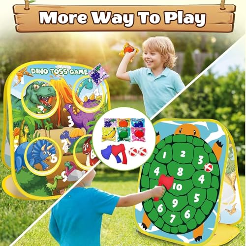 3-in-1 Dinosaur Bean Bag Toss Game for Boy Toddler Ages 3 4 5 Year Old, Cornhole Bags Set for 3-5 Preschool Kids, Outdoor Play Outside Toys in Backyard Lawn, Indoor Family Party Game, Birthday Gifts - style: Dinosaur