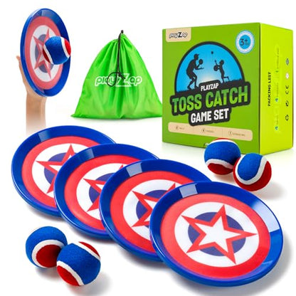 PlayZap Toss and Catch Ball Set - Valentine Gift for Toddlers Kids Boys Girls 2-4 5-7 8-13+ Yrs - Baseball Glove Toy Indoor Outdoor Yard Game & Beach/Pool Toy Set 4 Pack