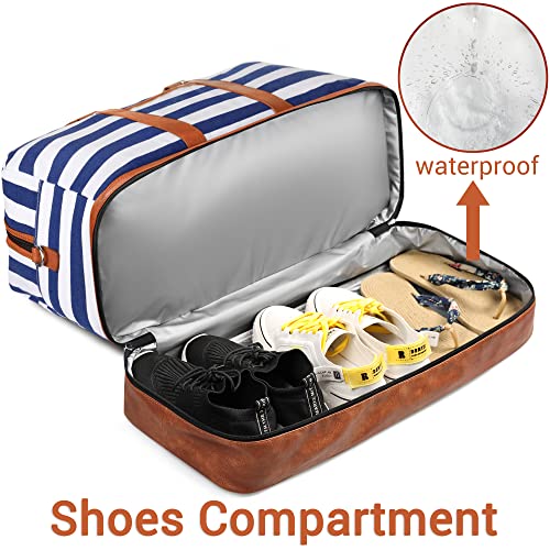 Weekender Bag for Women, Large Overnight Bag Canvas Travel Duffel Bag Carry On Tote with Shoe Compartment 21" 3Pcs Set - color: A14-brown+blue & white stripes