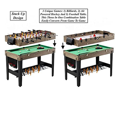 3-in-1 Combination Game Table Air Powered Hockey Foosball Billiards Pool Accessories Included Stack Up Design Easy to Switch Up Games Suitable for Friends Family Gathering