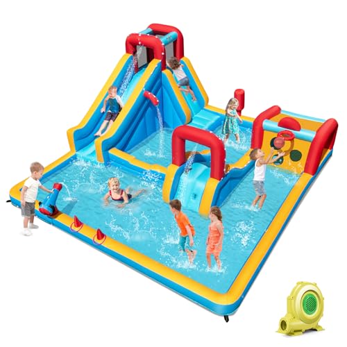 BOUNTECH Inflatable Water Slide Park, 9-in-1 Mega Water Bounce House Bouncy Castle w/2 Large Splash Pools, 735w Blower, Blow up Water Slide Inflatables for Big Kids Aged 3-12 Backyard Party Gifts - style: With 735w Air Blower