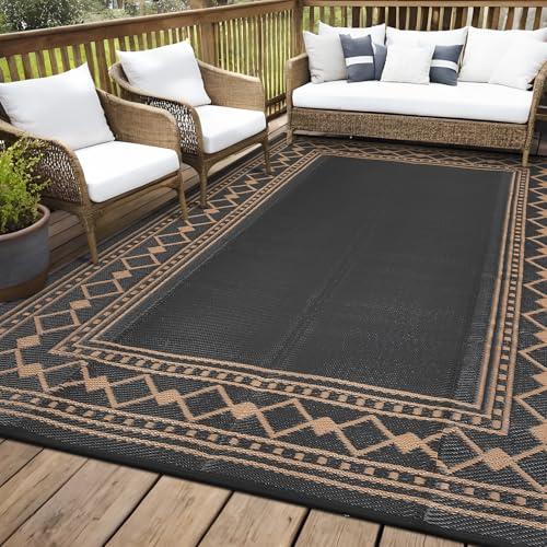 Outdoor Rug 8x10 Waterproof Patio Rugs Modern Bordered Reversible Mat for Front Door Rv Foldable Plastic Straw Carpet for Travel Trailers, Deck, Picnic, Porch, Camper, Balcony, Beach, Black/Tan - color: Black & Tan, size: 8' x 10' (Rectangular)