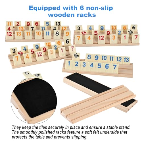 Rummy Cube Game 6 Players with 160 Rummy Tiles, 6 Wooden Racks, Rummy Travel Game Set with Zippered Case, Hourglass and Dice, Classic Family Board Game for Adults Kids