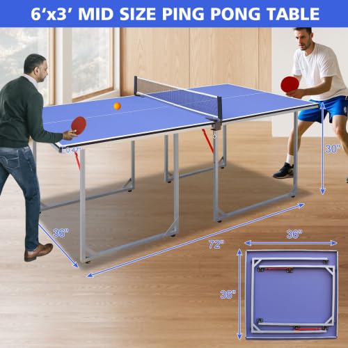 Table Tennis Table Mid-Size, Foldable Ping Pong Table Top Full Size with 2 Paddles, 2 Balls, 1 Net & 4 Wheels, Folding Table Tennis for Indoor & Outdoor, Quick Assembly to Support Multiplayer - size: 6ft