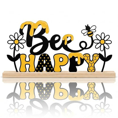 Bee Happy Spring Table Decorations Cute Bumble Bee Metal Table Sign with Wooden Base Spring Summer Farmhouse Tiered Tray Decor Yellow Daisy Tabletop Centerpieces for Home Mantel Shelf Desk - style: Bee Happy