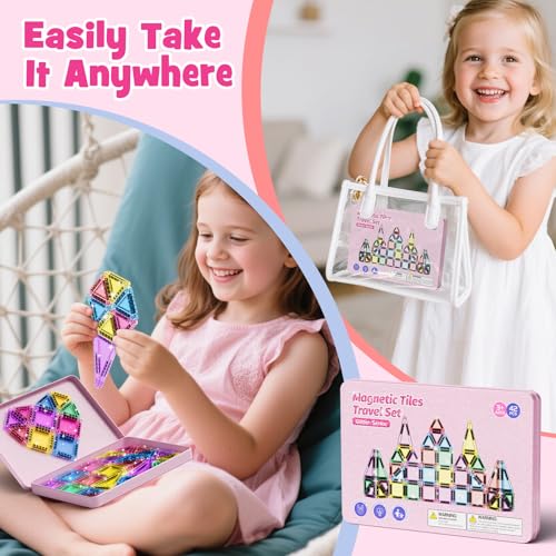 WMXDU 42-Piece Glitter Magnetic Tiles Travel Set with Pink Metal Box - Portable STEM Building Blocks for Kids Ages 3-8 Boys & Girls STEM Montessori Educational Toys for Airplane Car Rides - style: 42pcs-Pink