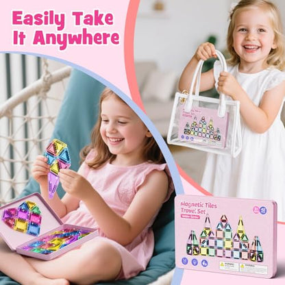 WMXDU 42-Piece Glitter Magnetic Tiles Travel Set with Pink Metal Box - Portable STEM Building Blocks for Kids Ages 3-8 Boys & Girls STEM Montessori Educational Toys for Airplane Car Rides - style: 42pcs-Pink
