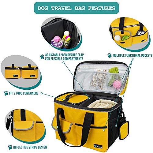 PetAmi Dog Travel Bag Organizer, Pet Travel Kit with 2 Food Containers & 2 Collapsible Dog Bowls, Pet Supplies Tote with Luggage Sleeve, Weekend Road Trip Camping Essentials, Yellow, Medium - color: Yellow, size: Medium - 14.5"L x 8"W x 12.0"H